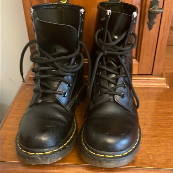 Dr. Martens Shoes - Dr. Martens Black Leather Boots with Yellow Stitching